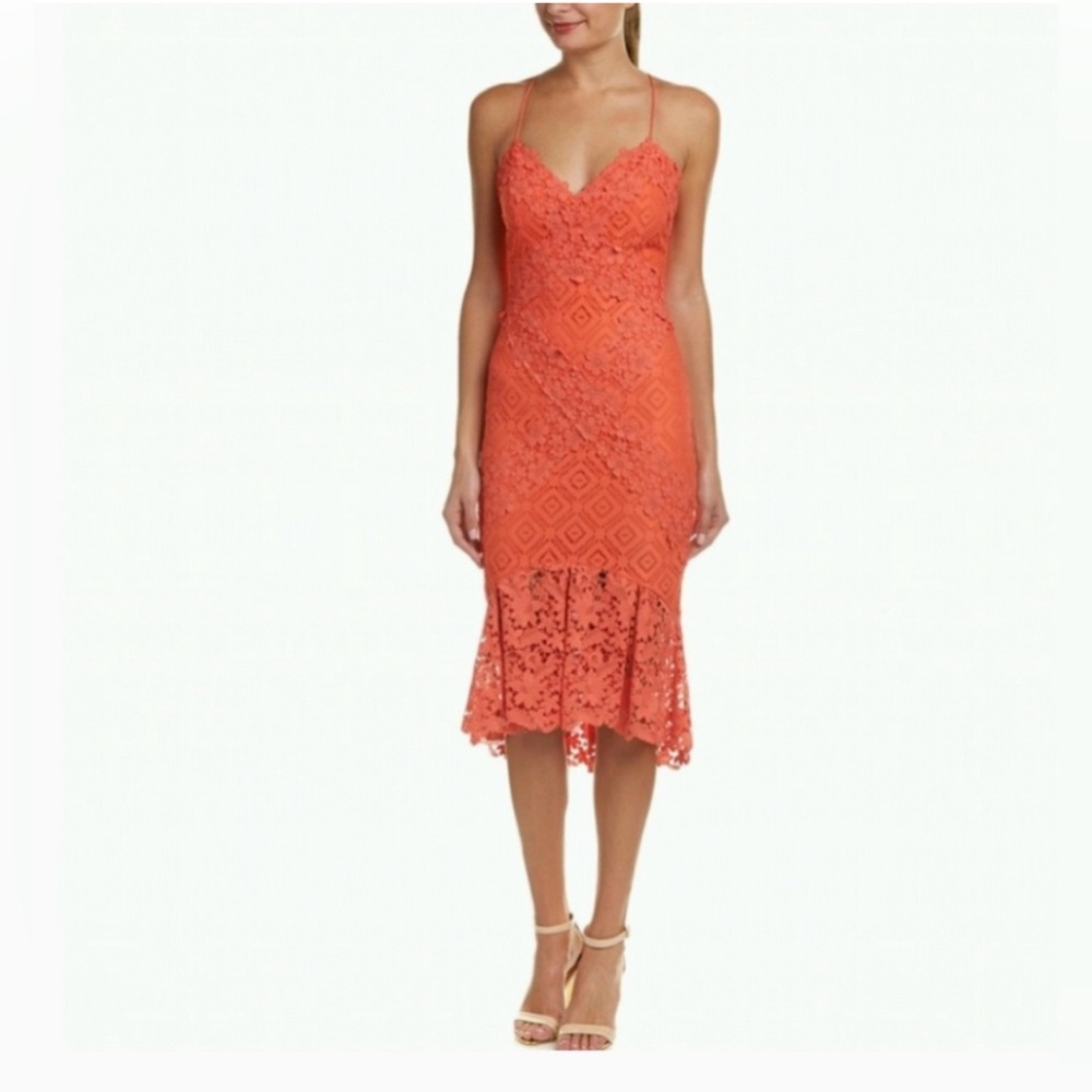 Nicole Miller Coral Lace Spaghetti-Strap Midi Dress